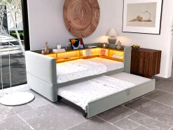 Sofá-cama conversível de 2 lugares, 180 x 190 cm, com LED e USB, estofado e com espaço de armazenamento, cinza.^ Sofá