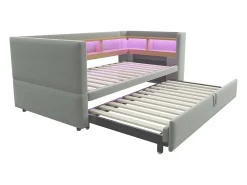 Sofá-cama conversível de 2 lugares, 180 x 190 cm, com LED e USB, estofado e com espaço de armazenamento, cinza.^ Sofá