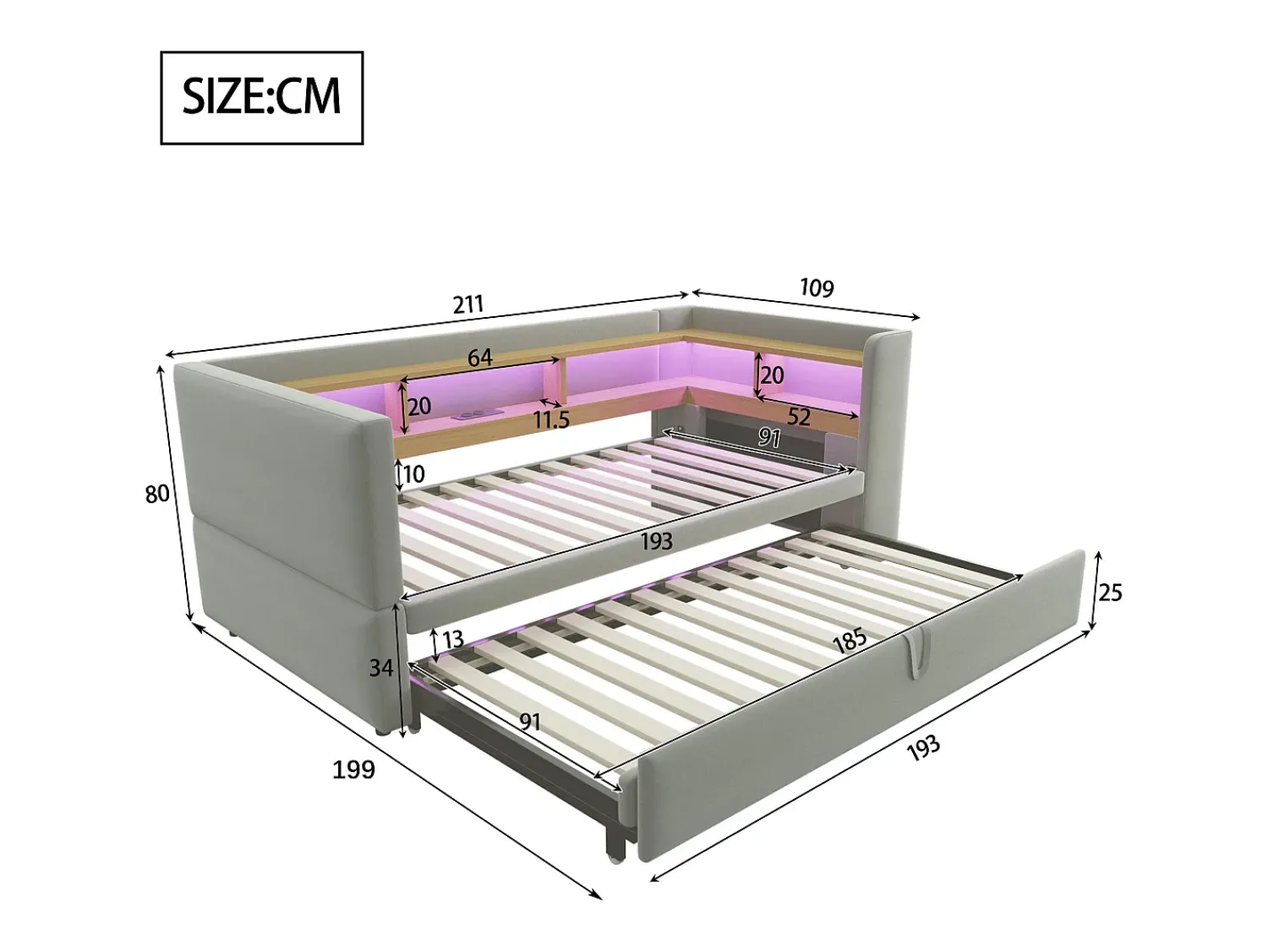 Sofá-cama conversível de 2 lugares, 180 x 190 cm, com LED e USB, estofado e com espaço de armazenamento, cinza.^ Sofá