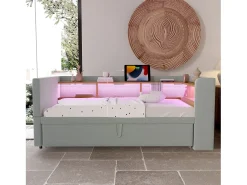 Sofá-cama conversível de 2 lugares, 180 x 190 cm, com LED e USB, estofado e com espaço de armazenamento, cinza.^ Sofá