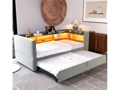 Sofá-cama conversível de 2 lugares, 180 x 190 cm, com LED e USB, estofado e com espaço de armazenamento, cinza.^ Sofá