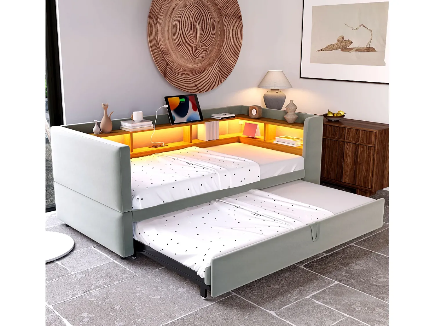 Sofá-cama conversível de 2 lugares, 180 x 190 cm, com LED e USB, estofado e com espaço de armazenamento, cinza.^ Sofá
