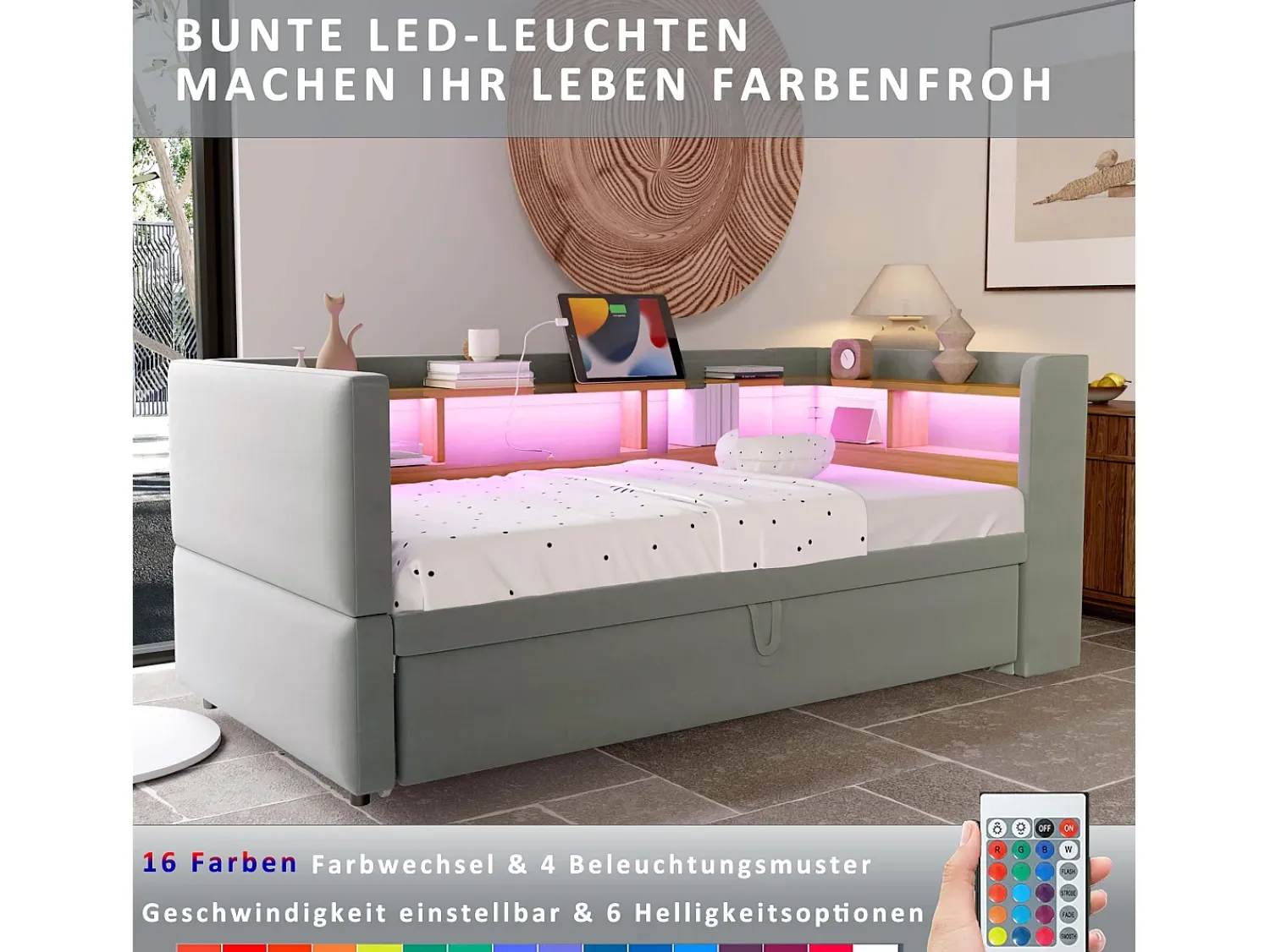 Sofá-cama conversível de 2 lugares, 180 x 190 cm, com LED e USB, estofado e com espaço de armazenamento, cinza.^ Sofá