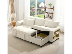 Sofá|Merax Sofá-cama conversível de 3 lugares - 231 x 131,5 x 84 cm - com USB + almofadas + armazenamento - veludo - Bege