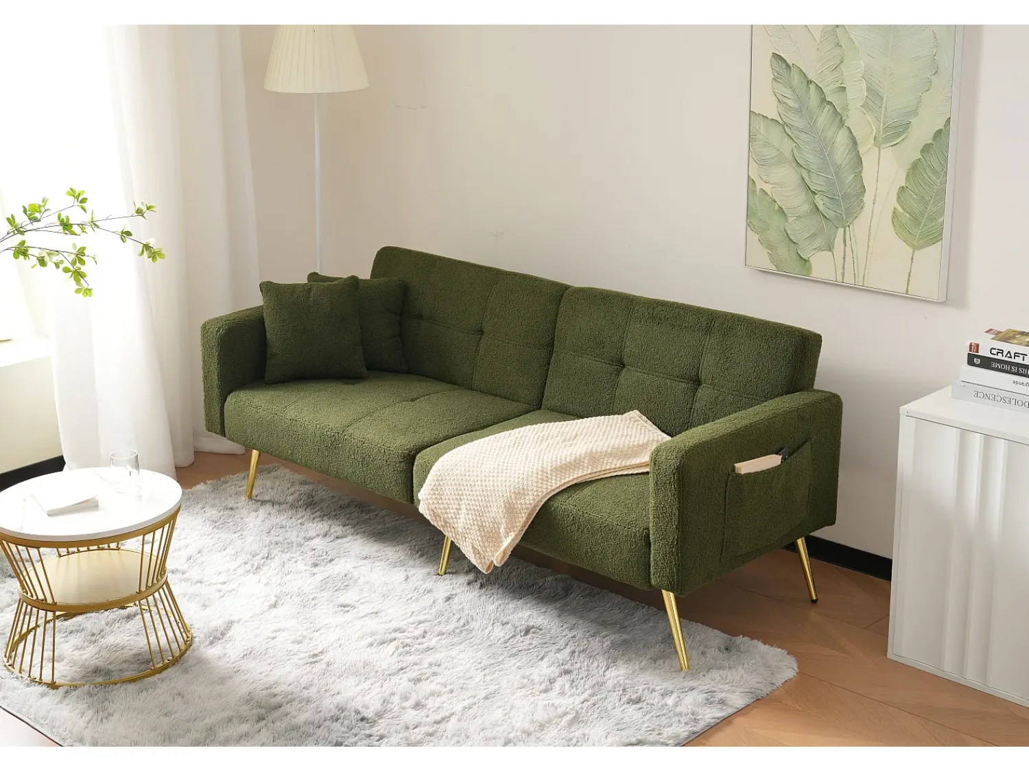 Sofá*Merax Sofá-cama conversível de 2 lugares em tecido Sherpa - 175 x 64 x 72 cm - Pernas de metal dourado - Verde