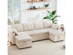 Merax Sofá-cama conversível em U - 270 x 130 x 86 cm - 4 lugares - com porta-copos + armazenamento - algodão + linho -^ Sofá