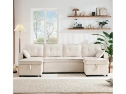 Merax Sofá-cama conversível em U - 270 x 130 x 86 cm - 4 lugares - com porta-copos + armazenamento - algodão + linho -^ Sofá