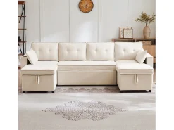 Merax Sofá-cama conversível em U - 270 x 130 x 86 cm - 4 lugares - com porta-copos + armazenamento - algodão + linho -^ Sofá