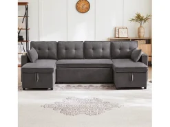 Hot Merax Sofá-cama conversível em U - 270 x 130 x 86 cm - 4 lugares - com porta-copos + armazenamento - algodão + linho - cinza Cinzento