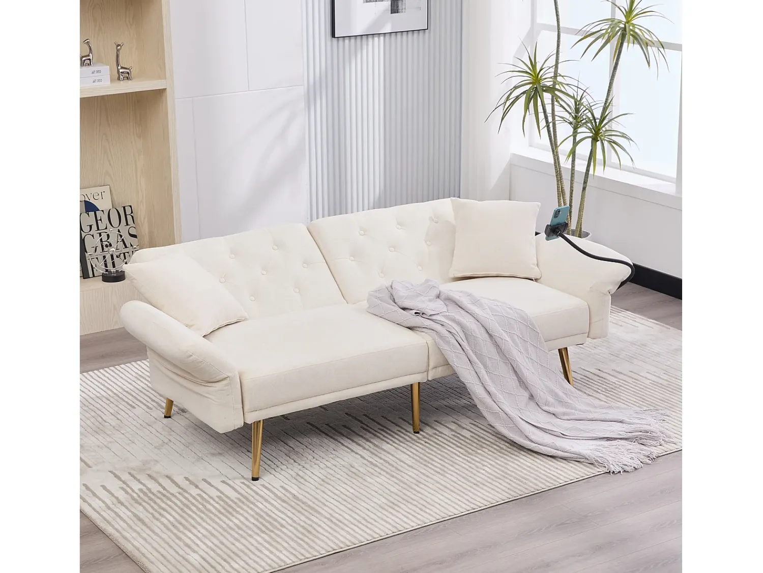 Clearance Hauss Spole Sofá-cama convertível de 2 lugares com 2 portas USB, suporte para telemóvel e bolsos laterais 173x78x78cm Bege
