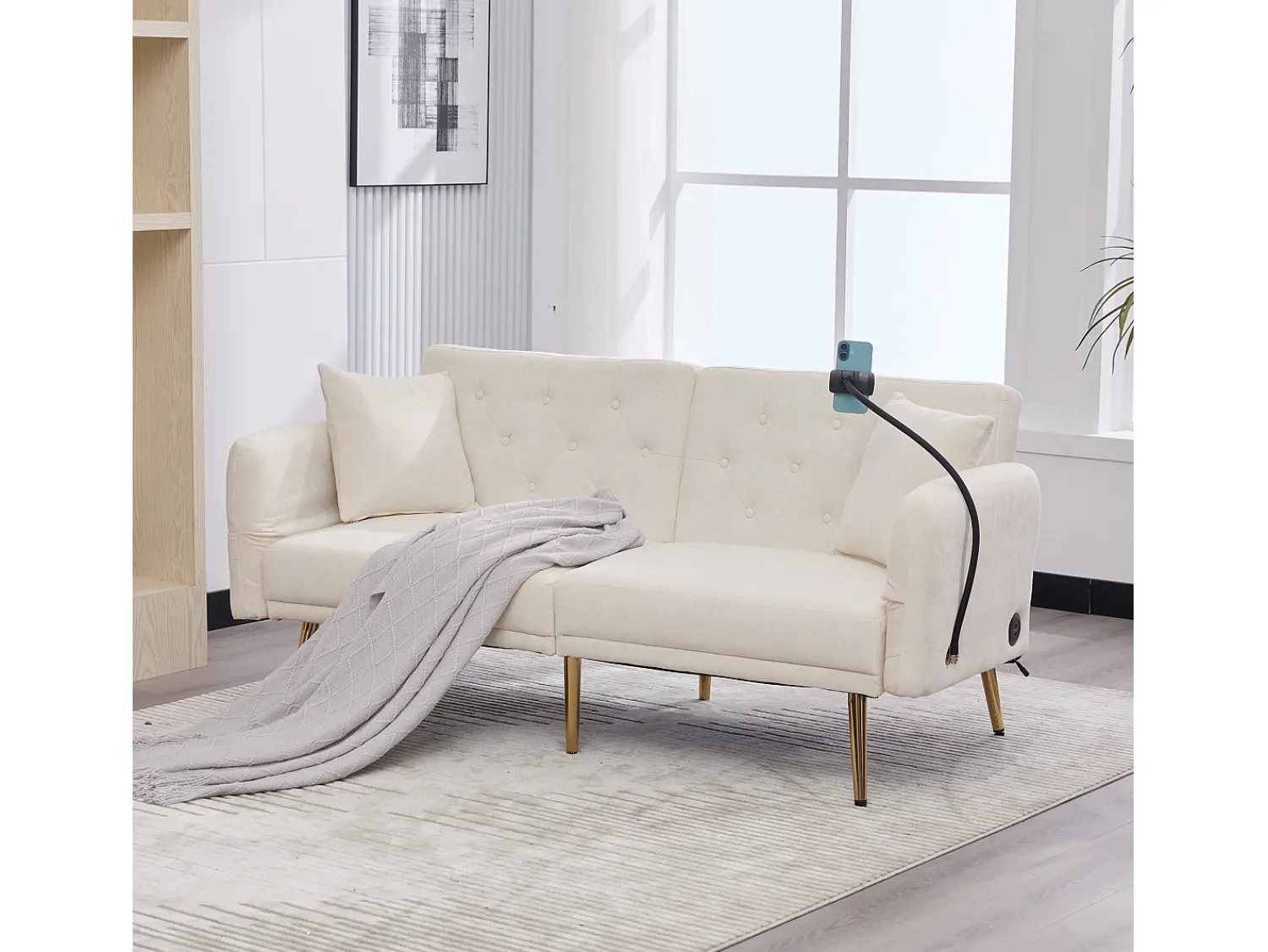 Clearance Hauss Spole Sofá-cama convertível de 2 lugares com 2 portas USB, suporte para telemóvel e bolsos laterais 173x78x78cm Bege