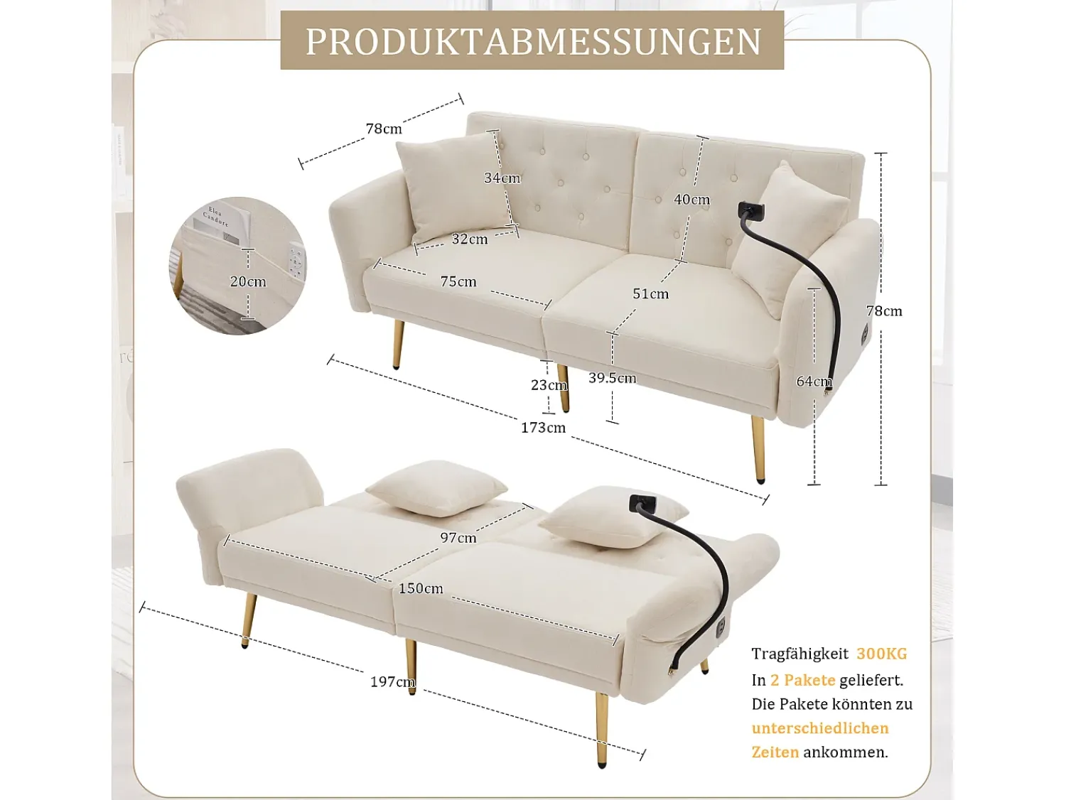 Clearance Hauss Spole Sofá-cama convertível de 2 lugares com 2 portas USB, suporte para telemóvel e bolsos laterais 173x78x78cm Bege