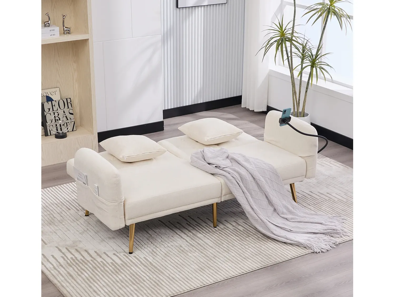 Clearance Hauss Spole Sofá-cama convertível de 2 lugares com 2 portas USB, suporte para telemóvel e bolsos laterais 173x78x78cm Bege