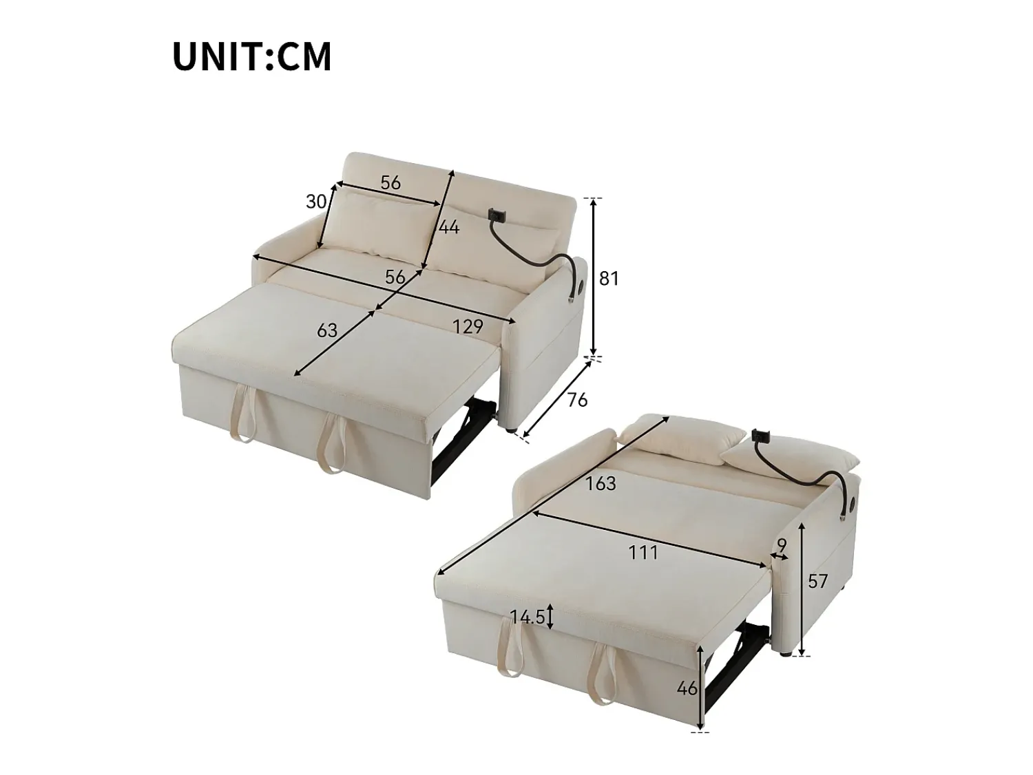 Hauss Spole Sofá-cama convertível de 2 lugares com entrada USB e encosto ajustável - Sofá-cama em chenille -^ Sofá