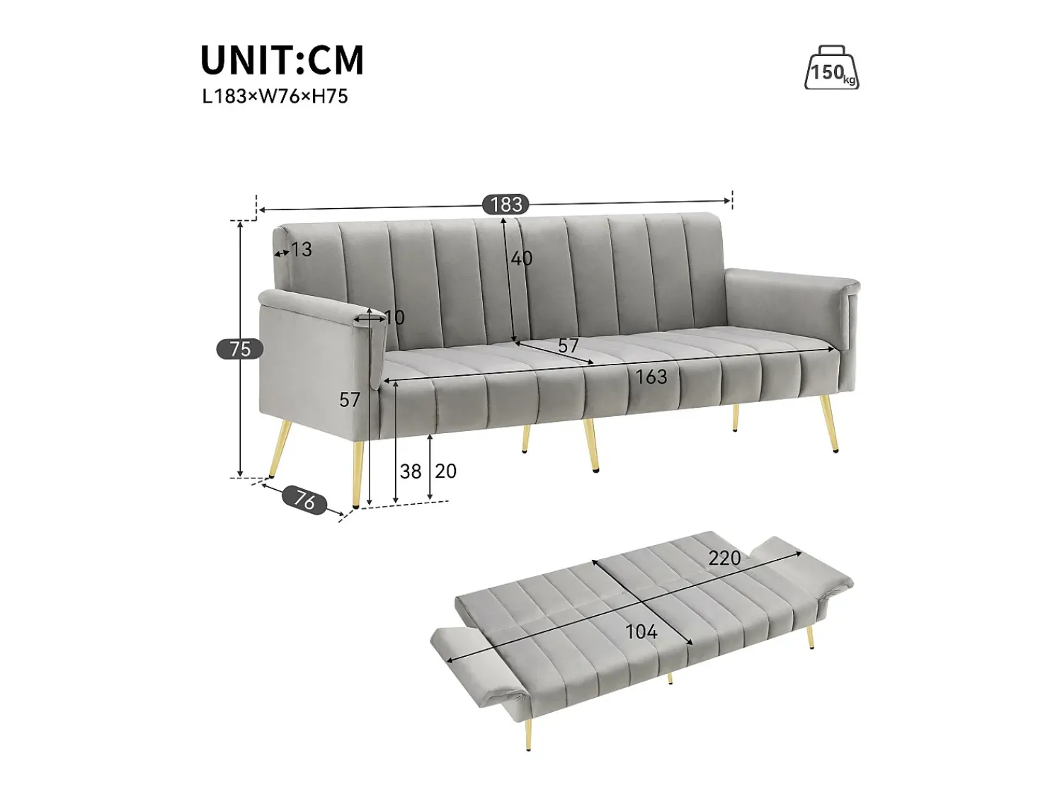 ModernLuxe Sofá-cama convertível de 3 lugares em tecido de veludo - Cinza^ Sofá