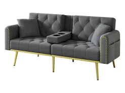 Sofá|Hauss Spole Sofá-cama convertível de 2 lugares - Suporte para copos, 2 apoios lombares e bolsos laterais - Veludo Cinzento