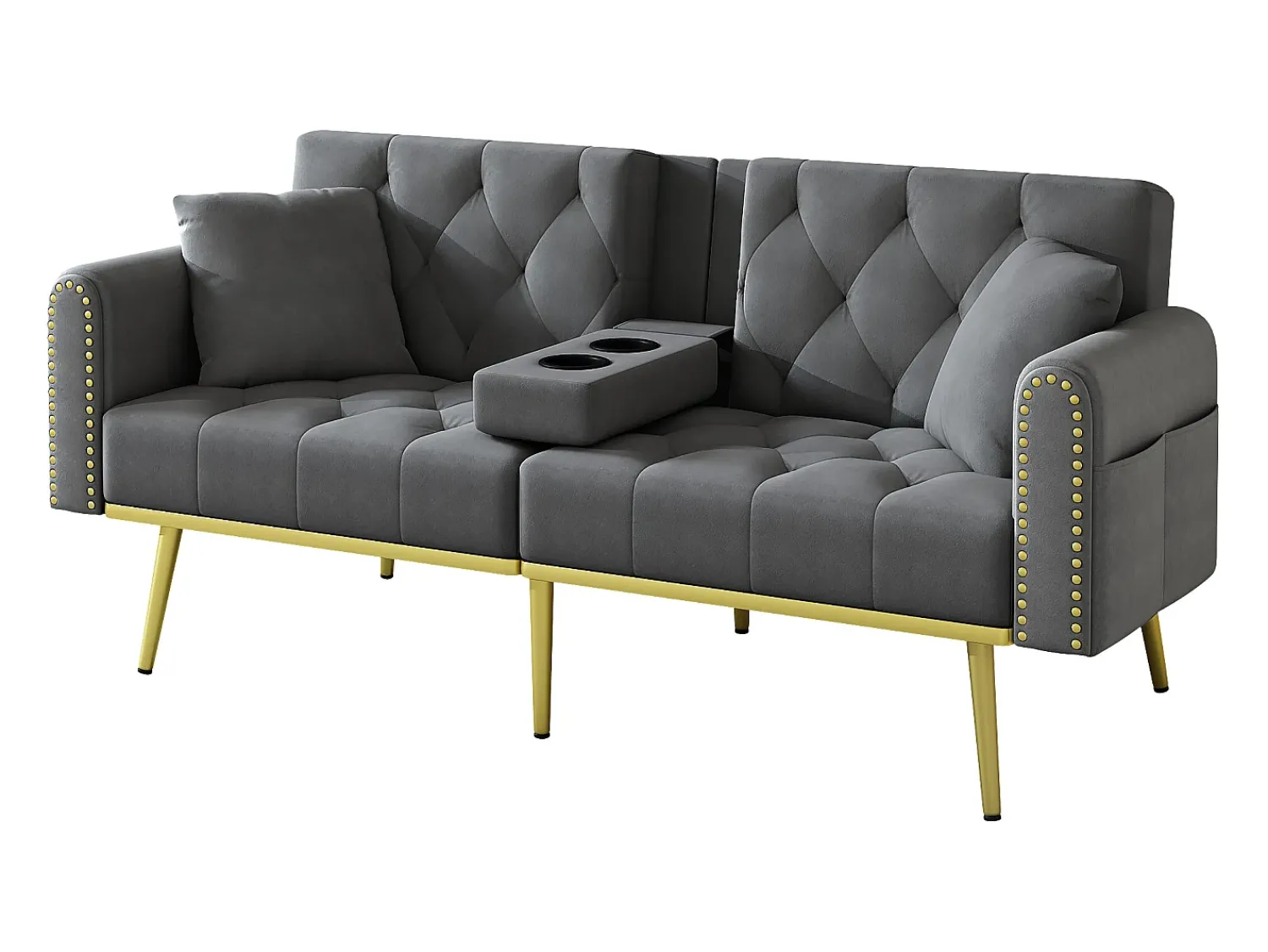 Sofá|Hauss Spole Sofá-cama convertível de 2 lugares - Suporte para copos, 2 apoios lombares e bolsos laterais - Veludo Cinzento