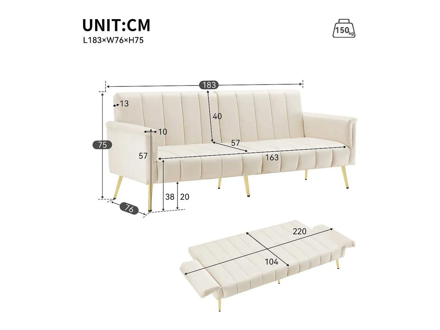 Sofá*ModernLuxe Sofá-cama convertível de 3 lugares em tecido de veludo - Bege