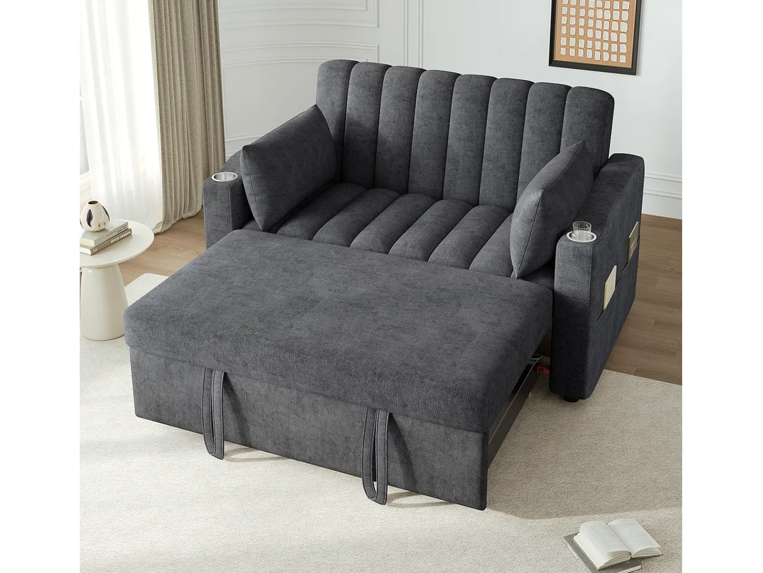 Sofá*Hauss Spole Sofá-cama convertível de 2 lugares com encosto ajustável - Revestido em tecido de linho e algodão - Cinza Cinzento