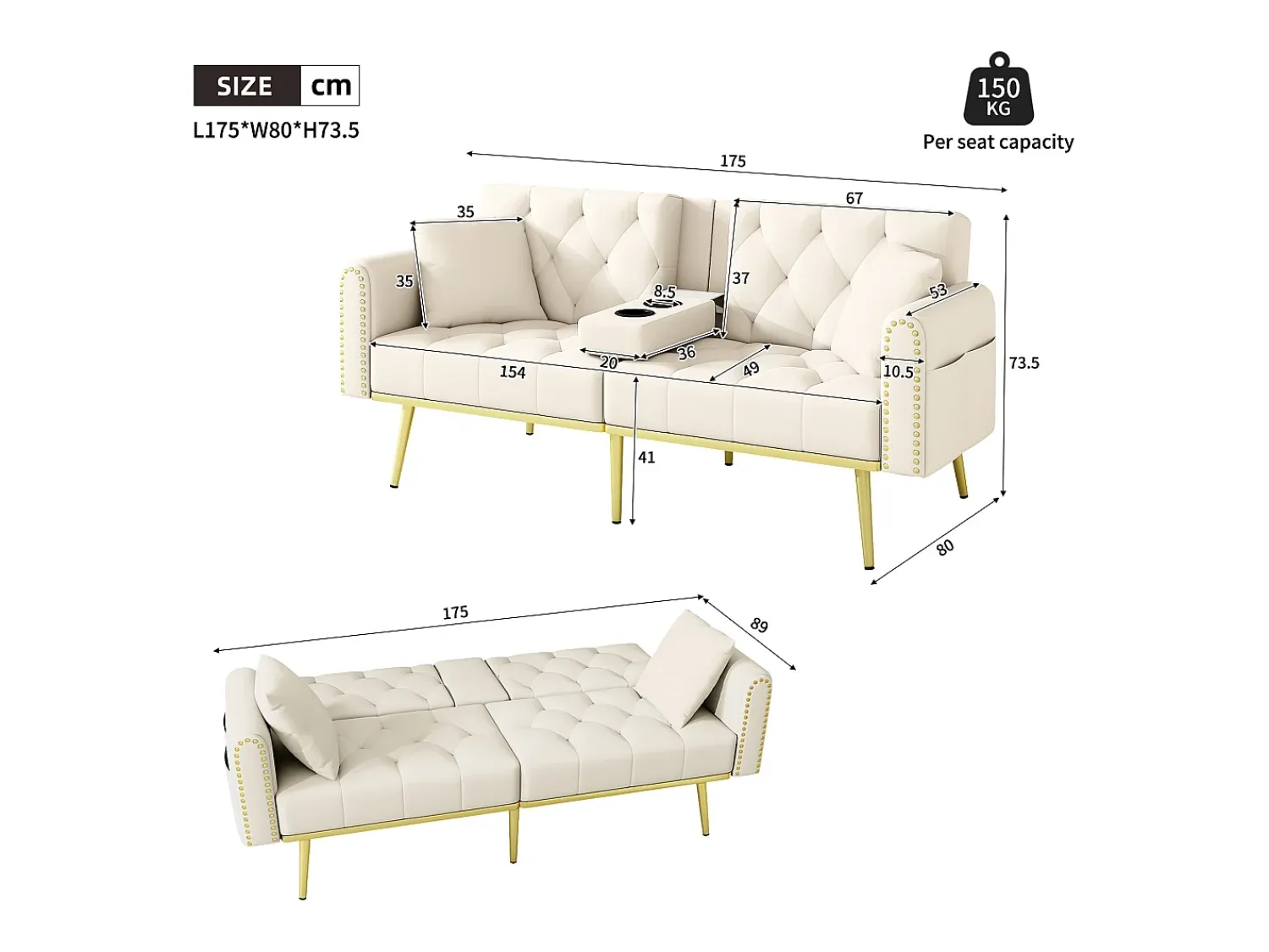 Sofá|Hauss Spole Sofá-cama convertível de 2 lugares - Suporte para copos, 2 apoios lombares e bolsos laterais - Veludo Bege