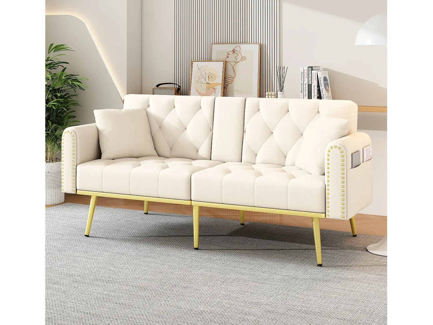 Sofá|Hauss Spole Sofá-cama convertível de 2 lugares - Suporte para copos, 2 apoios lombares e bolsos laterais - Veludo Bege