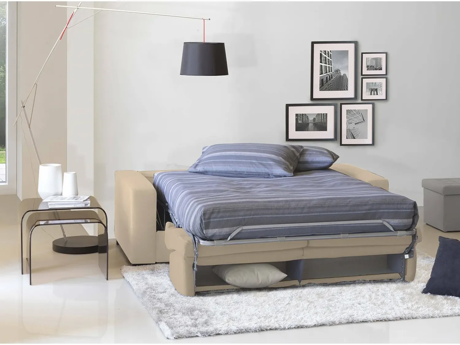 Discount Talamo Italia Sofá-cama Daaze, sofá de 2 lugares, 100% Fabricado na Itália, Sofá da sala com abertura giratória, em tecido acolchoado, com braços padrão, 180x95h90 cm, Bege