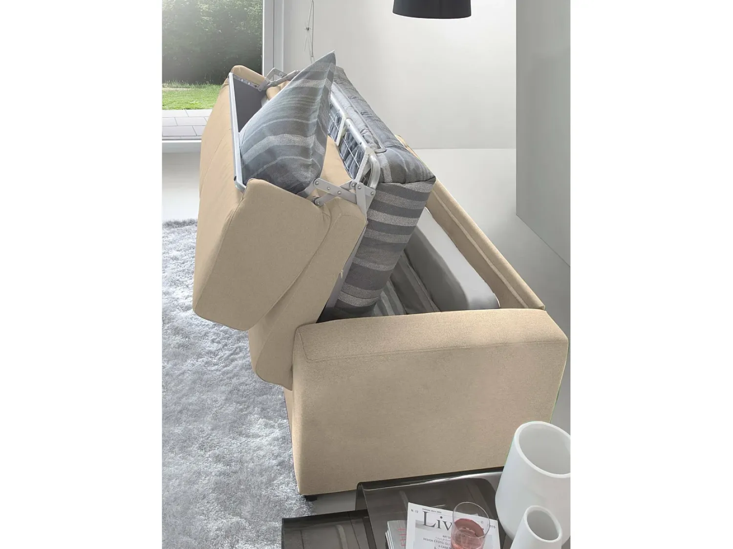 Discount Talamo Italia Sofá-cama Daaze, sofá de 2 lugares, 100% Fabricado na Itália, Sofá da sala com abertura giratória, em tecido acolchoado, com braços padrão, 180x95h90 cm, Bege