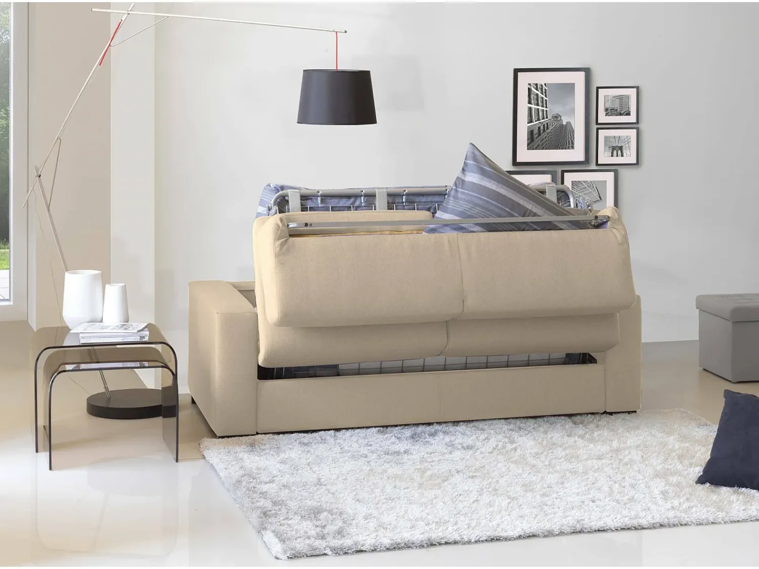 Discount Talamo Italia Sofá-cama Daaze, sofá de 2 lugares, 100% Fabricado na Itália, Sofá da sala com abertura giratória, em tecido acolchoado, com braços padrão, 180x95h90 cm, Bege
