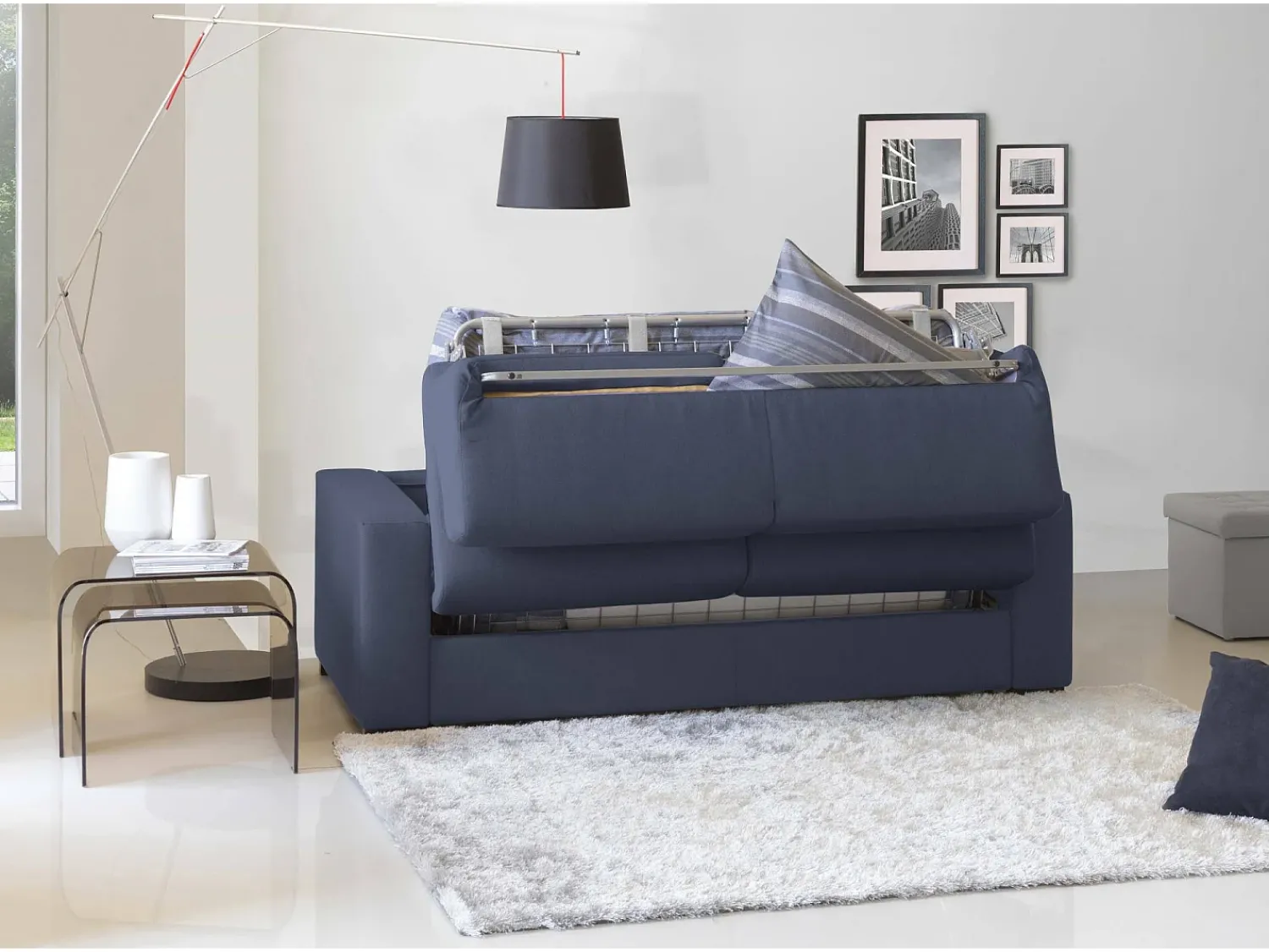 Discount Talamo Italia Sofá-cama Dabaida, Sofá grande de 2 lugare, 100% Fabricado na Itália, Sofá da ala com abertura giratória, em tecido acolchoado, com braço fino, 180x95h90 cm, Azul