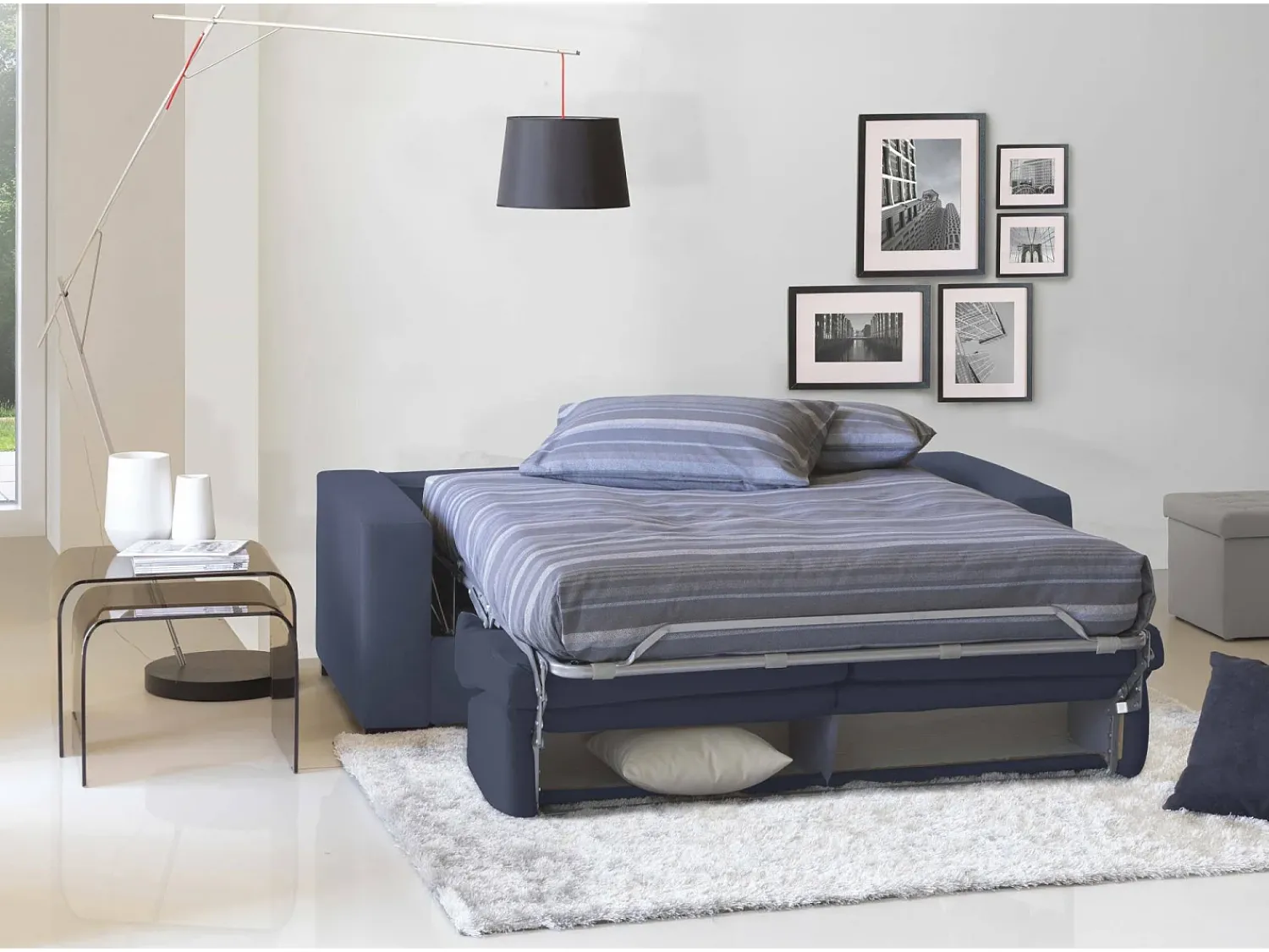 Discount Talamo Italia Sofá-cama Dabaida, Sofá grande de 2 lugare, 100% Fabricado na Itália, Sofá da ala com abertura giratória, em tecido acolchoado, com braço fino, 180x95h90 cm, Azul