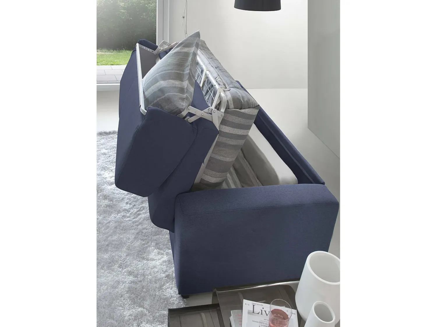 Discount Talamo Italia Sofá-cama Dabaida, Sofá grande de 2 lugare, 100% Fabricado na Itália, Sofá da ala com abertura giratória, em tecido acolchoado, com braço fino, 180x95h90 cm, Azul