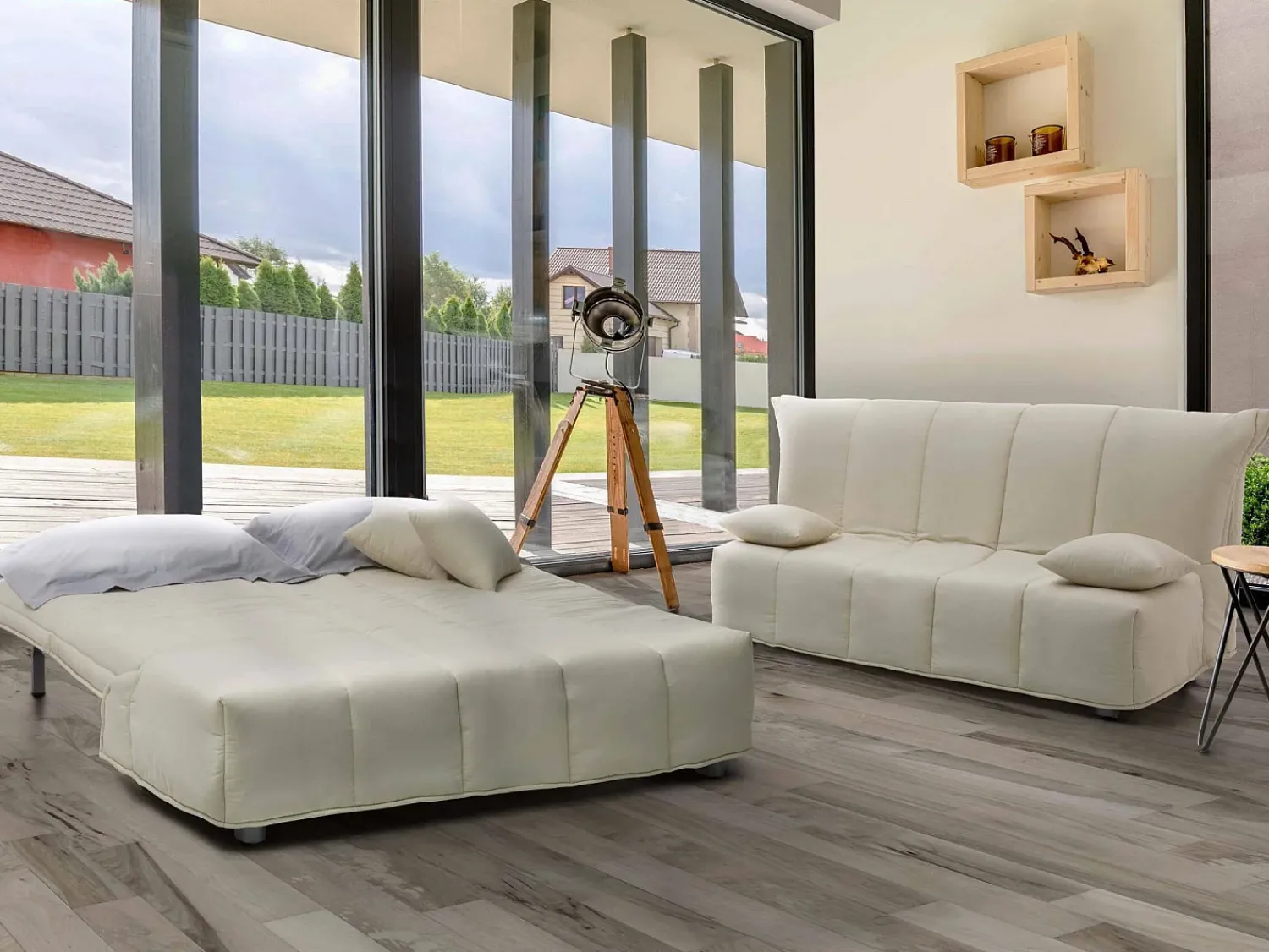 Discount Talamo Italia Sofá-cama Dabald, ofá de 2 lugare, 100% Fabricado na Itália, Sofá da ala com abertura para carrinho, em tecido acolchoado, com almofada incluída, 125x90h85 cm, Bege