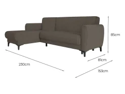 Sofá|Dmora Sofá-cama Dabazo, Sofá-cama de canto com península reversível, Sofá moderno com chaiselongue e 3 almofadas, 230x153h85 cm, Marrom Castanho