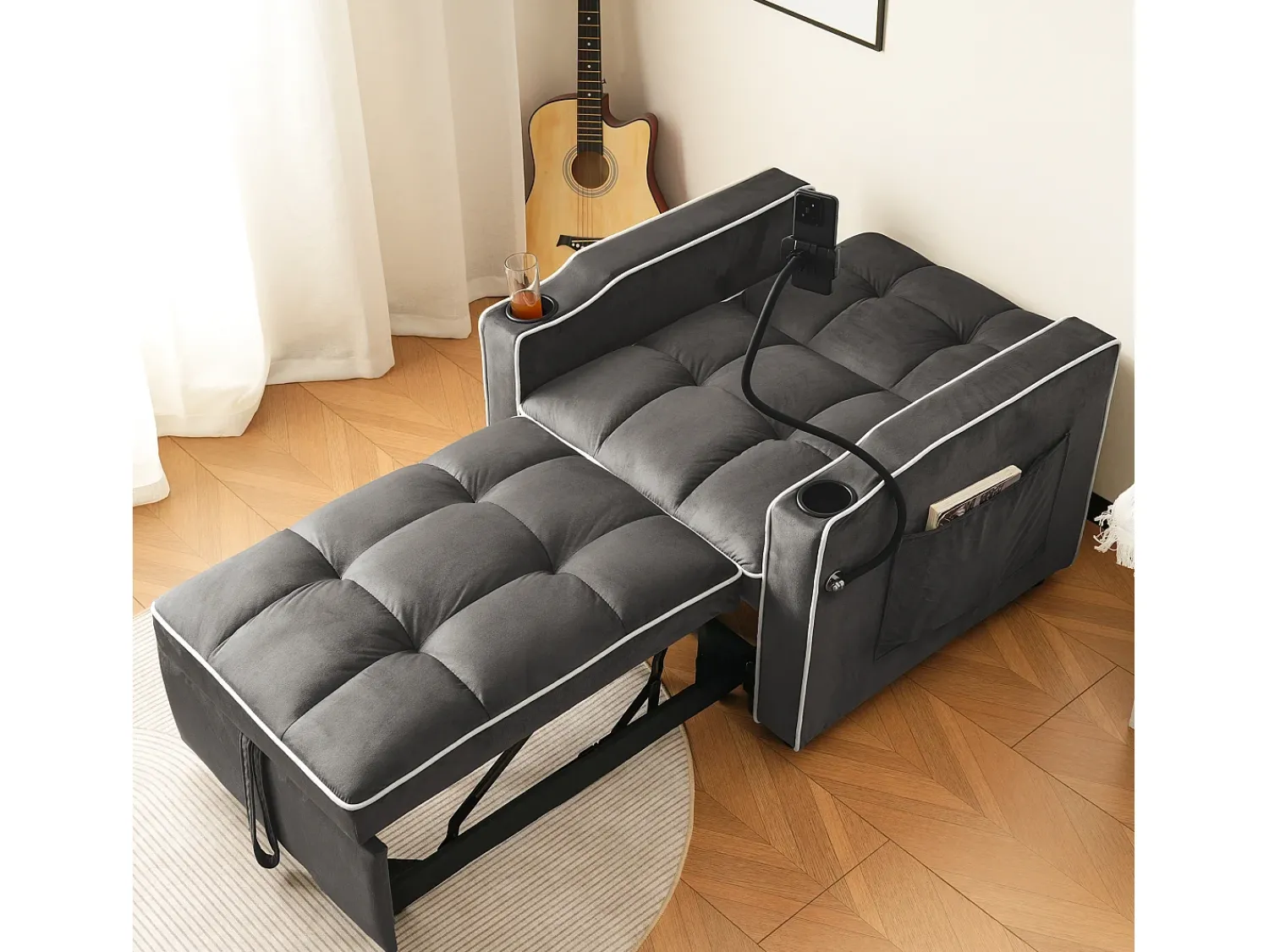 Merax Sofá-cama de 1 lugar com porta-copos e suporte para telefone - 83 x 75 x 167 cm - Veludo - Cinza escuro^ Sofá