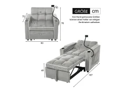 Merax Sofá-cama de 1 lugar com porta-copos e suporte para telefone - 83 x 75 x 167 cm - Veludo - Cinza^ Sofá