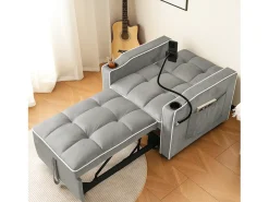 Merax Sofá-cama de 1 lugar com porta-copos e suporte para telefone - 83 x 75 x 167 cm - Veludo - Cinza^ Sofá