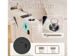 Merax Sofá-cama de 3 lugares - 142 x 128 x 85 cm - com porta-copos + portas USB + LEDs - veludo -^ Sofá