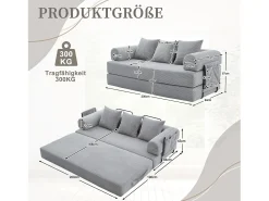 Merax Sofá-cama de 3 lugares - 200 x 94 x 67 cm - com bolsos laterais + 3 almofadas - veludo - cinza claro^ Sofá