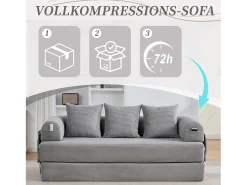 Merax Sofá-cama de 3 lugares - 200 x 94 x 67 cm - com bolsos laterais + 3 almofadas - veludo - cinza claro^ Sofá
