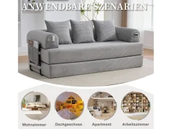 Merax Sofá-cama de 3 lugares - 200 x 94 x 67 cm - com bolsos laterais + 3 almofadas - veludo - cinza claro^ Sofá