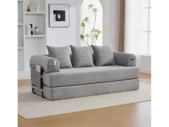 Merax Sofá-cama de 3 lugares - 200 x 94 x 67 cm - com bolsos laterais + 3 almofadas - veludo - cinza claro^ Sofá