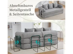 Merax Sofá-cama de 3 lugares - 200 x 94 x 67 cm - com bolsos laterais + 3 almofadas - veludo - cinza claro^ Sofá