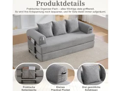 Merax Sofá-cama de 3 lugares - 200 x 94 x 67 cm - com bolsos laterais + 3 almofadas - veludo - cinza claro^ Sofá
