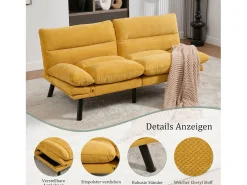 Sofá*Merax Sofá-cama de 2 lugares - 165 x 90 x 76 cm - com encosto e braços ajustáveis - Microfibra - Amarelo