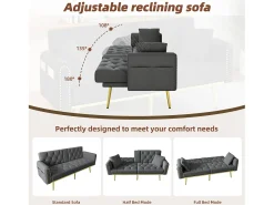 Sofá*Merax Sofá-cama de 2 lugares - 175 x 80 x 73,5 cm - 3 posições reclináveis e com porta-copos - veludo - cinza Cinzento