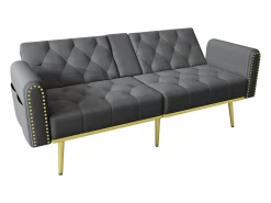 Sofá*Merax Sofá-cama de 2 lugares - 175 x 80 x 73,5 cm - 3 posições reclináveis e com porta-copos - veludo - cinza Cinzento