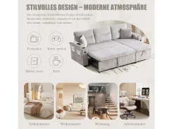 New Merax Sofá-cama de 3 lugares - 212,5 x 136 x 86 cm - com porta-copos + porta USB + espaço de armazenamento - sofá-cama retrátil - linho - cinza claro Cinzento claro