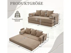 Sofá*Merax Sofá-cama de 3 lugares - 200 x 94 x 67 cm - com bolsos laterais + 3 almofadas - veludo - cáqui Caqui