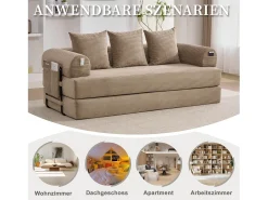 Sofá*Merax Sofá-cama de 3 lugares - 200 x 94 x 67 cm - com bolsos laterais + 3 almofadas - veludo - cáqui Caqui