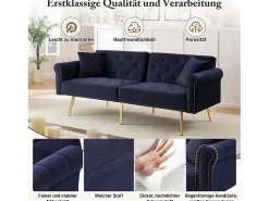 Sofá*Merax Sofá-cama de 2 lugares - 173 x 75 x 70 cm - Encosto ajustável em 3 posições + pés de metal dourado - veludo - escuro Azul